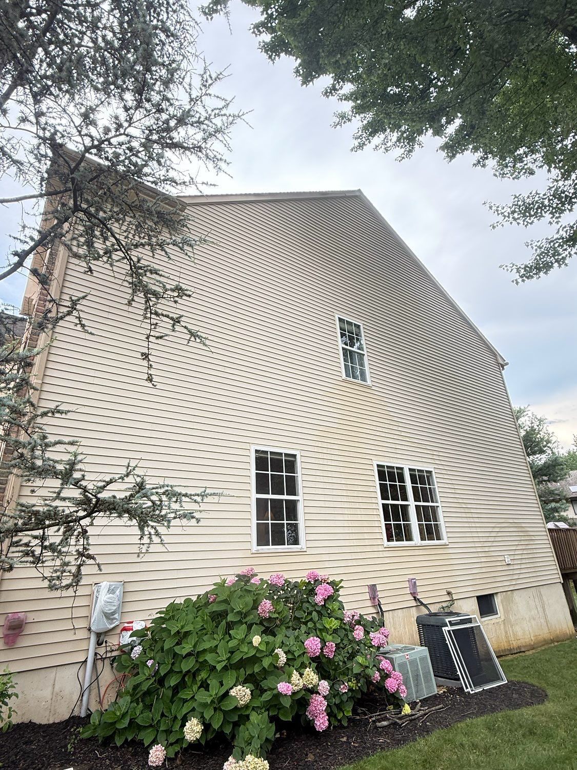 A two-story house exterior with light siding, three windows, a blooming hydrangea bush, and an HVAC unit on a lawn.