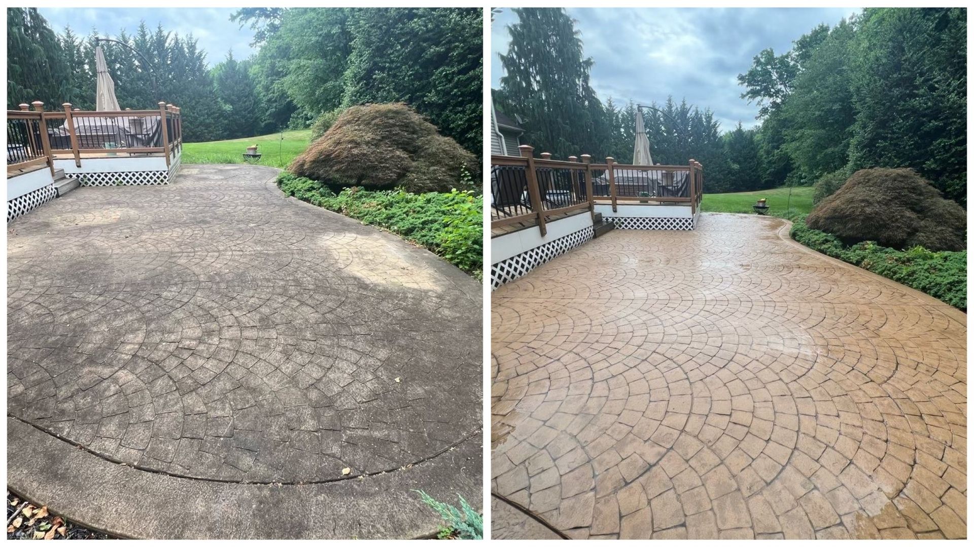Before and after comparison of a stamped concrete patio, showing a dirty gray surface cleaned to reveal a tan pattern.