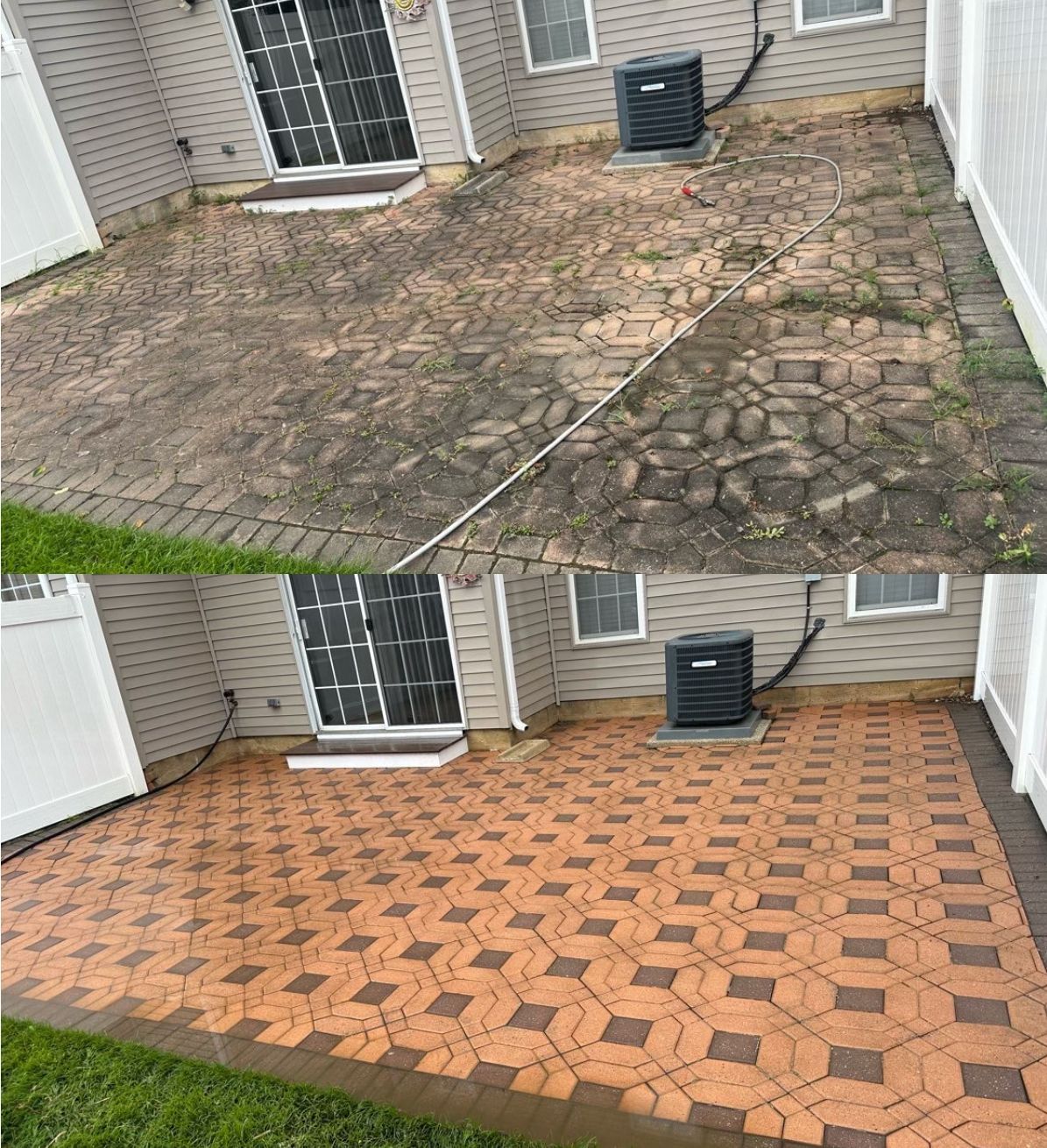 A before-and-after comparison showing a dirty, weed-filled brick patio being cleaned to look like new.