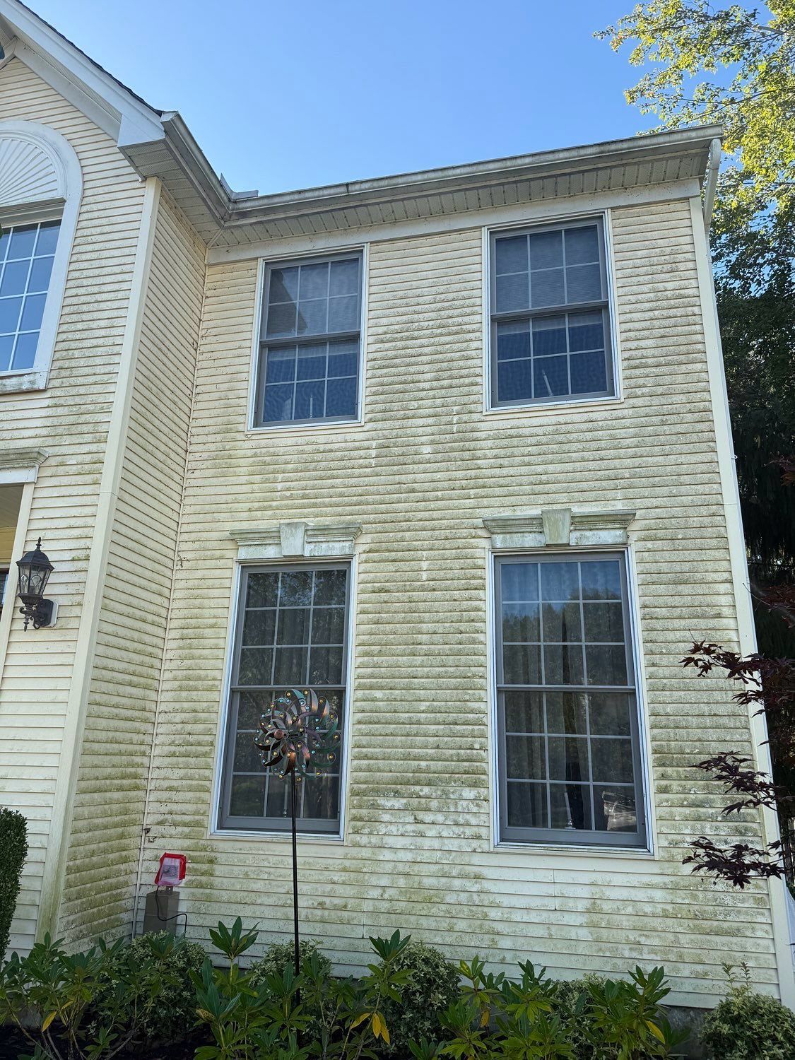 A two-story house exterior with light yellow horizontal siding, four rectangular windows, and a partially visible bush.
