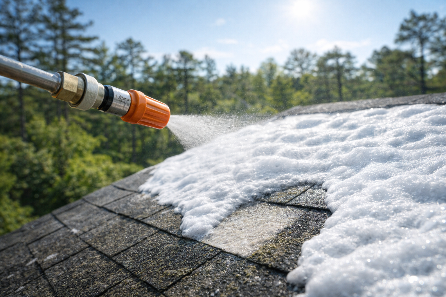 A spray nozzle applies thick white cleaning foam onto dark asphalt shingles of a roof.