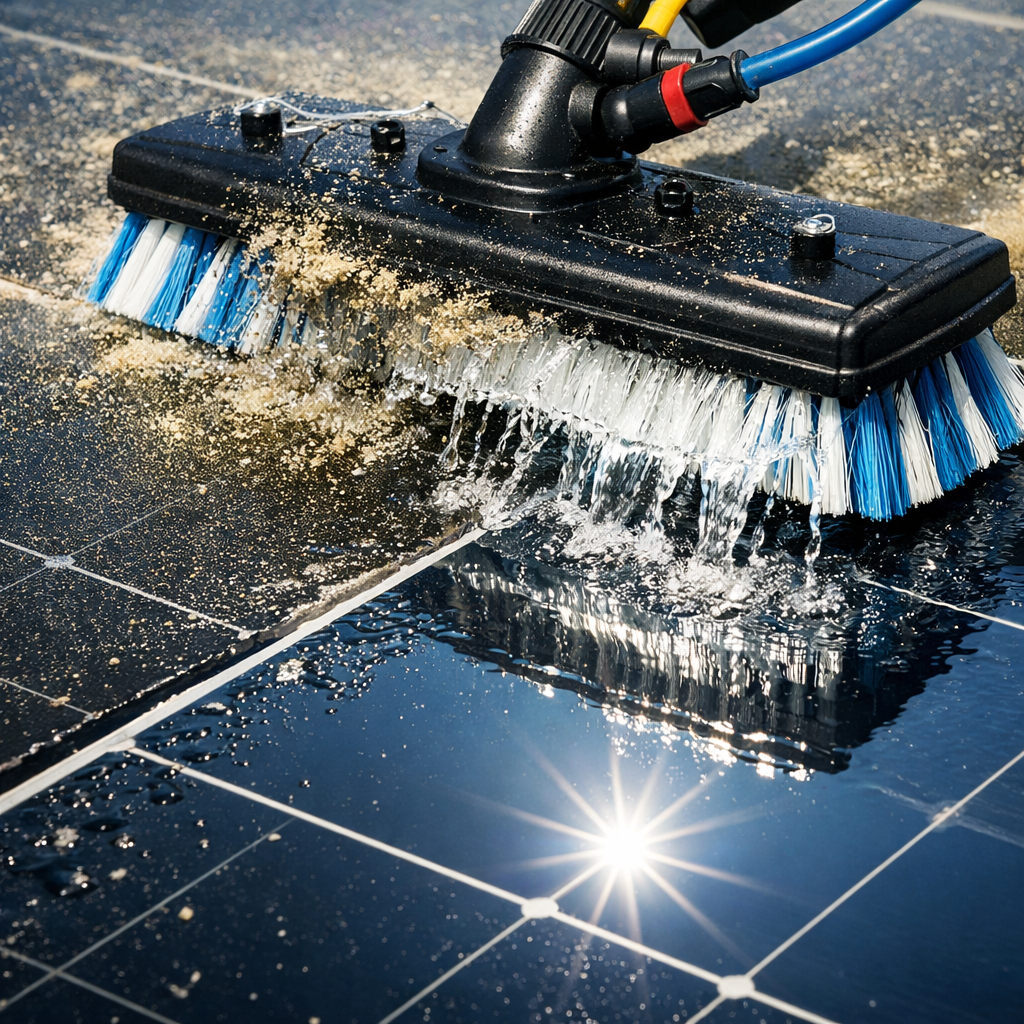 A specialized cleaning brush washes dirt off a dark solar panel, with water spray visible around the bristles.