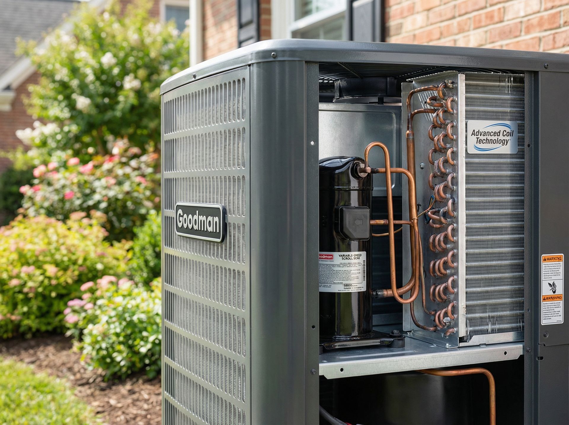 Air conditioning unit next to a brick building and landscaping.