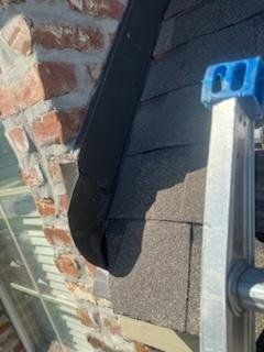 A ladder is sitting on top of a roof next to a brick wall.