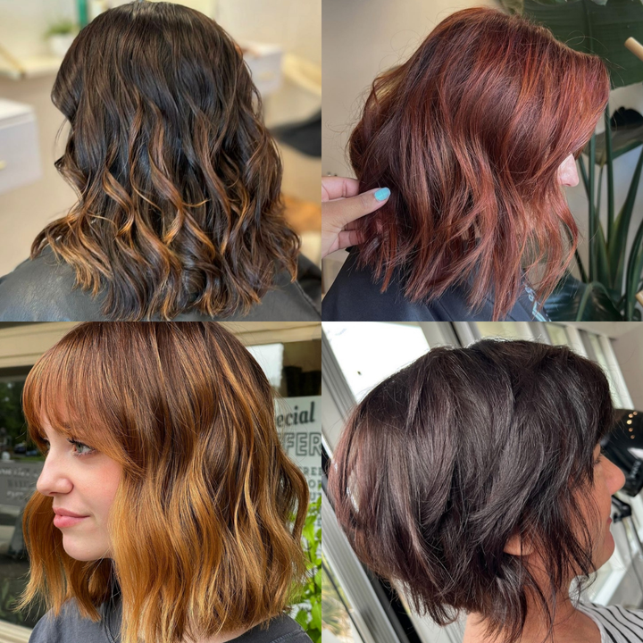 A collage of four pictures of women with different hair colors