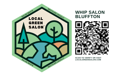 A logo for local green salon with a qr code next to it.