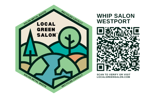 A sticker for local green salon with a qr code