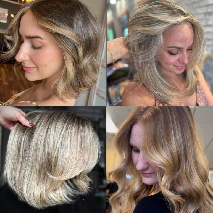 A collage of four pictures of a woman 's hair