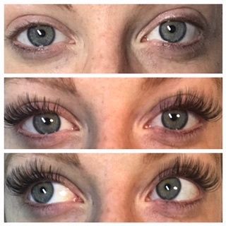 A collage of three pictures of a woman 's eyes before and after eyelash extensions.