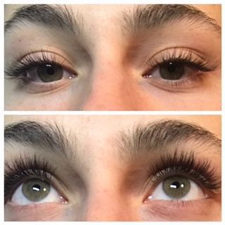 A before and after picture of a woman 's eyelashes.