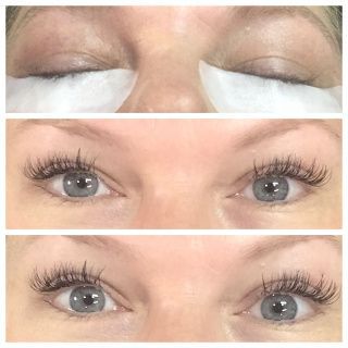 A collage of three pictures of a woman 's eyes before and after eyelash extensions.