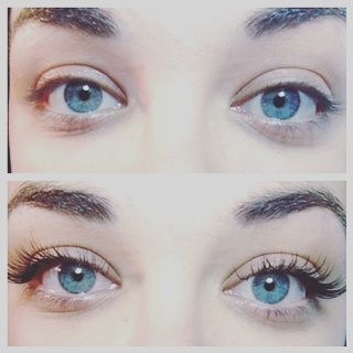 A before and after photo of a woman 's eyes with and without lashes.