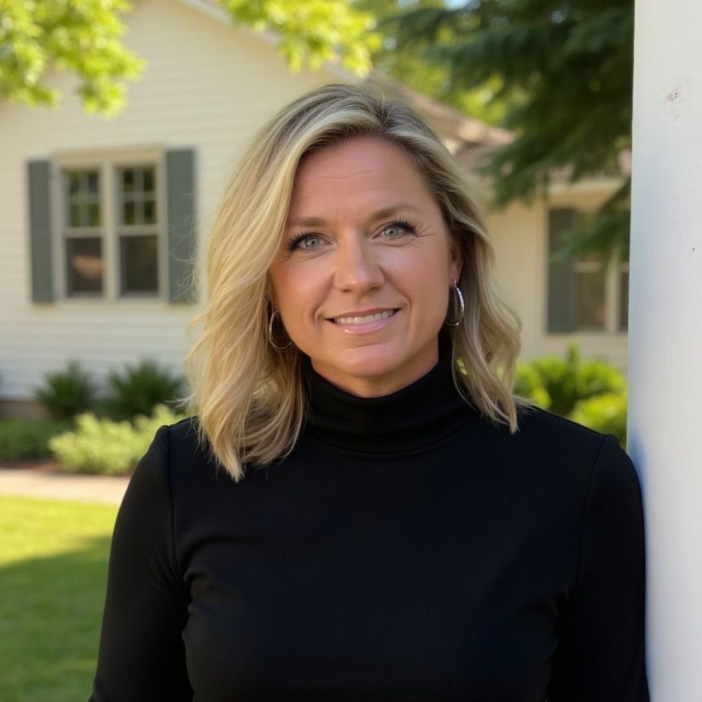 A woman is sitting at a desk with a laptop and a vase of flowers.