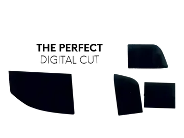 A picture of a car window with the words `` the perfect digital cut '' written on it.