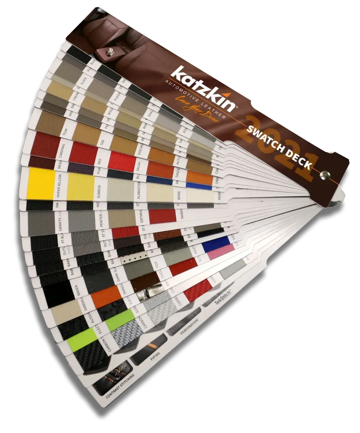 A katzkin swatch deck is shown on a white background