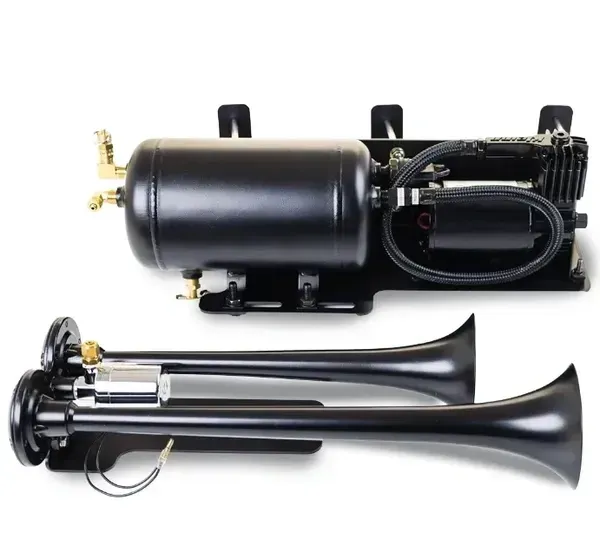 A black air horn with a air compressor attached to it.