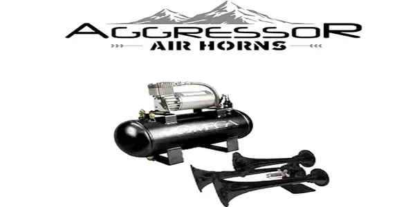 A logo for aggressor air horns with a tank and horns