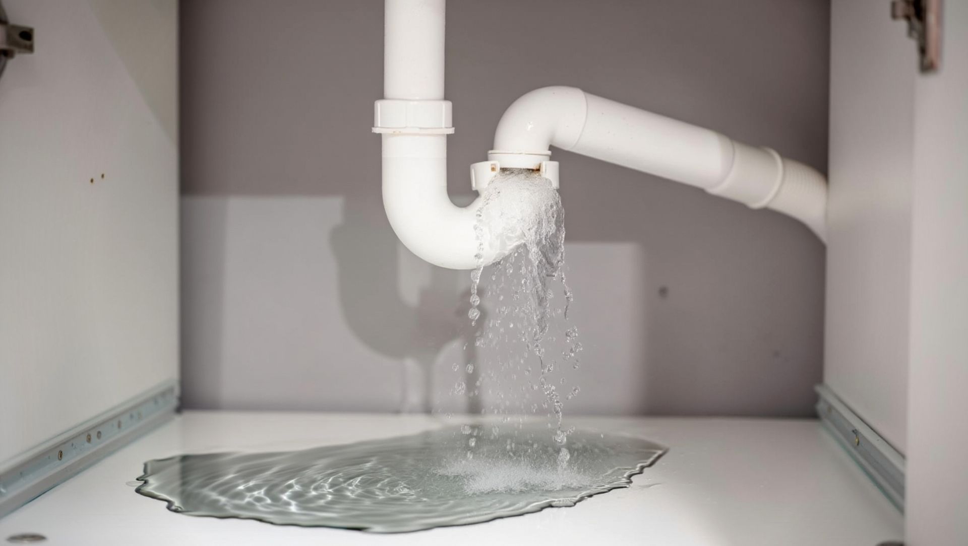 A person in a red vest using pliers to work on a kitchen faucet with water flowing.