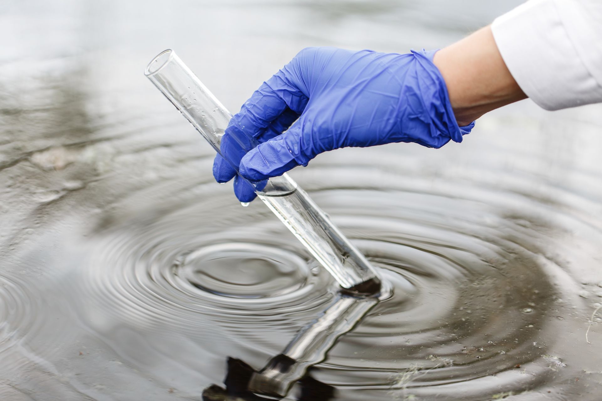 Gloved hand holding a test tube in water, collecting a sample for analysis.