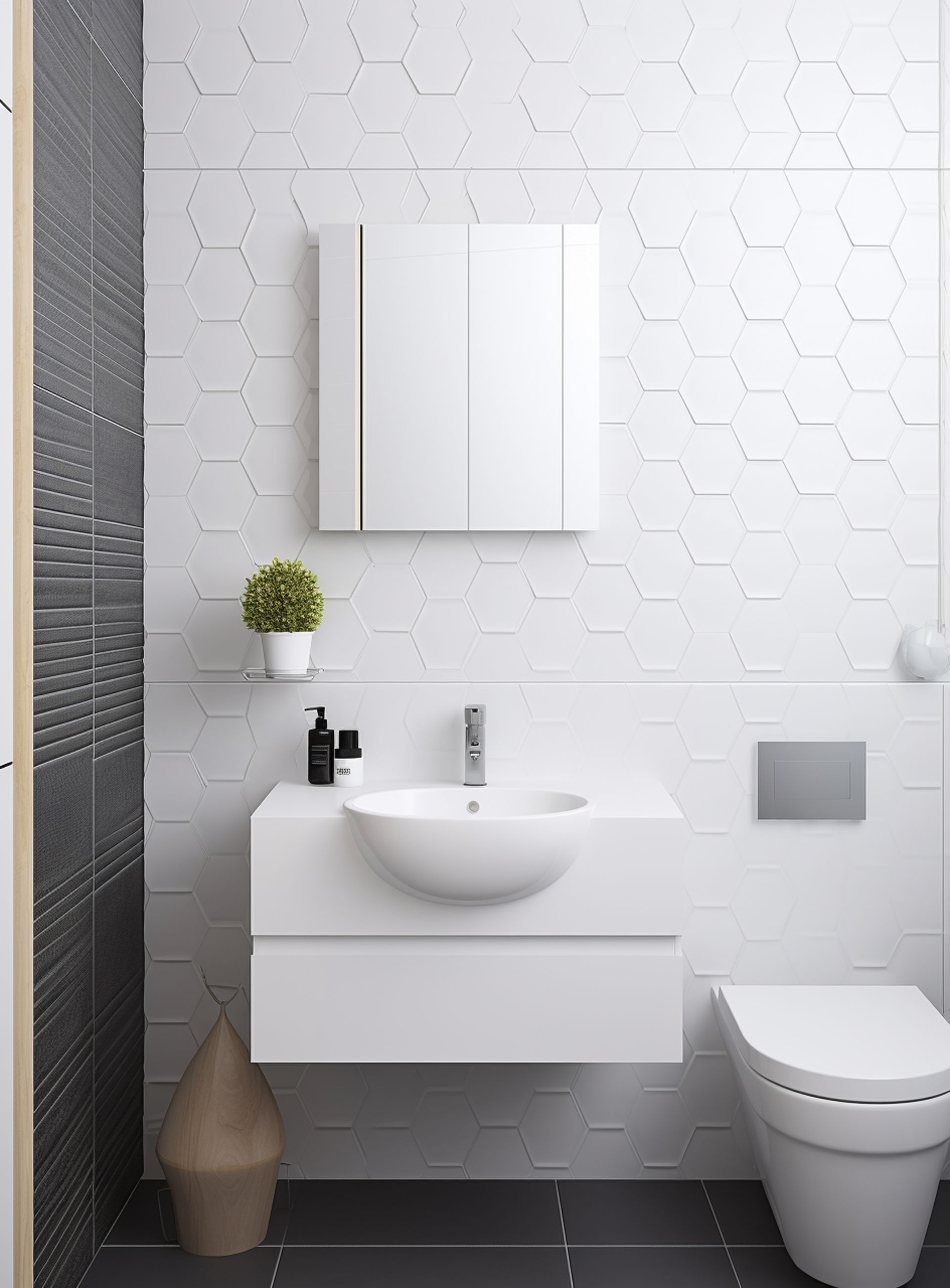 Modern white bathroom with a floating sink, toilet, and hexagonal tile wall.