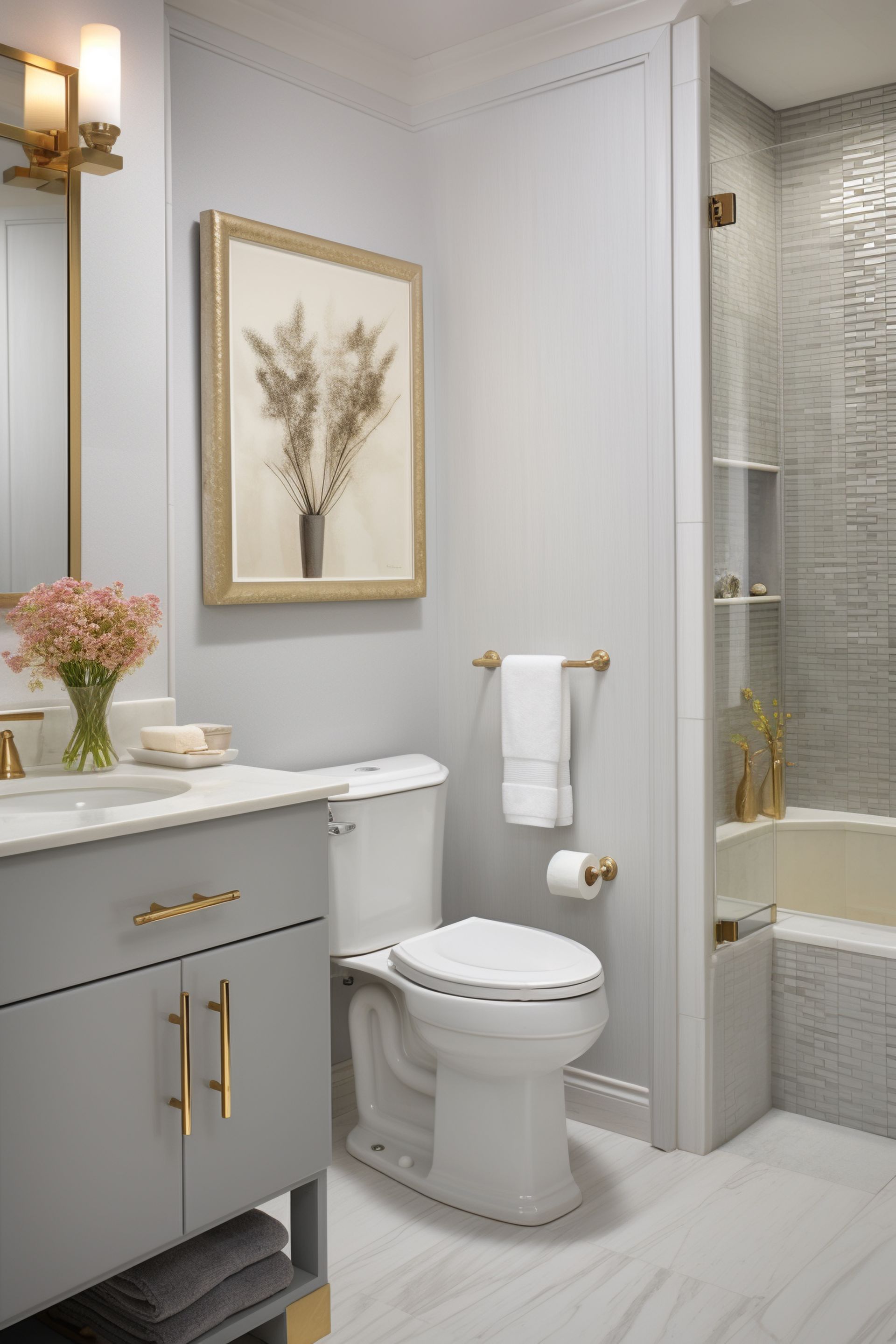 Gray and gold bathroom with toilet, vanity, and shower. Artwork and towels add to the decor.