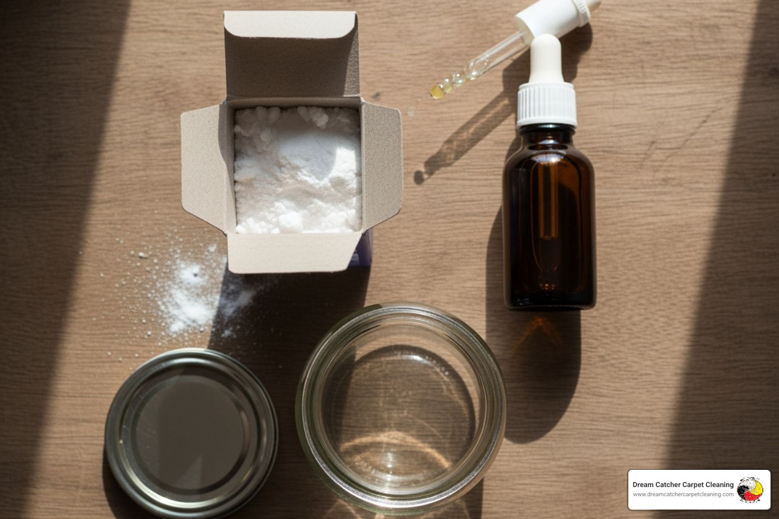 DIY carpet deodorizer ingredients: baking soda, a bottle of lavender essential oil, and a glass mason jar - naturally deodorize carpet