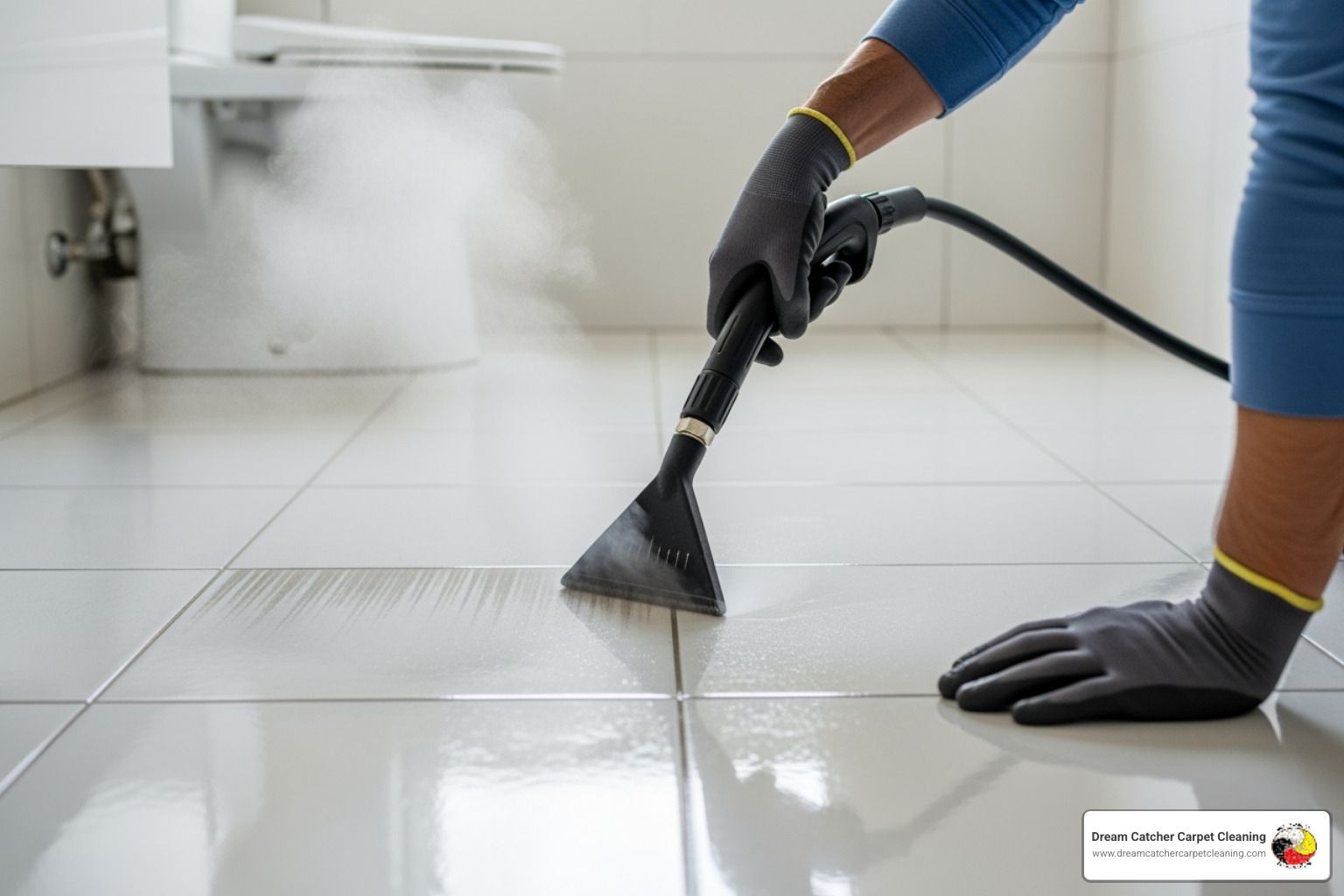 A person carefully steam cleaning a tiled bathroom floor, demonstrating proper technique and attention to detail - eco friendly steam cleaner