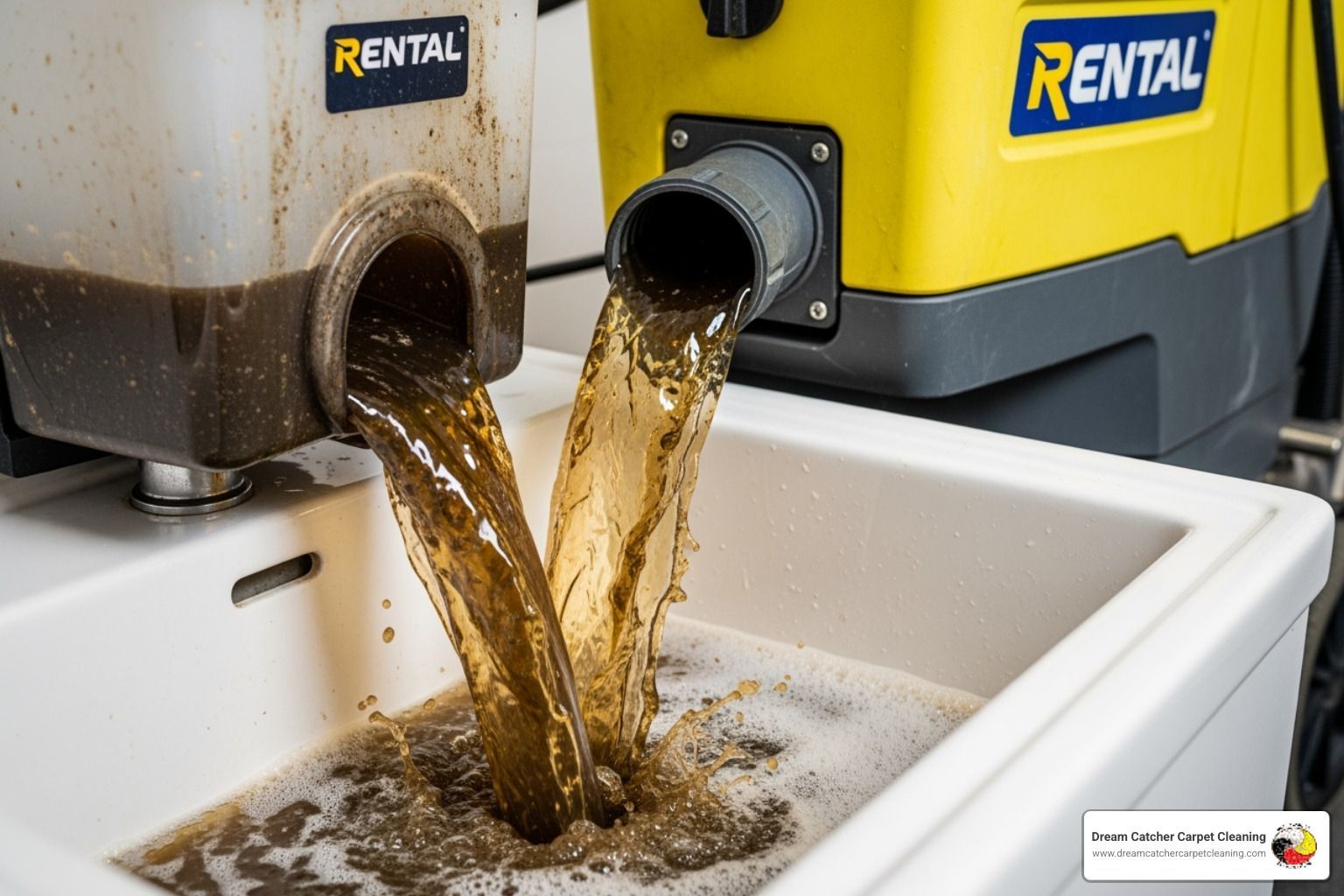 dirty water being poured from a rental machine's tank - carpet cleaning rental thornton
