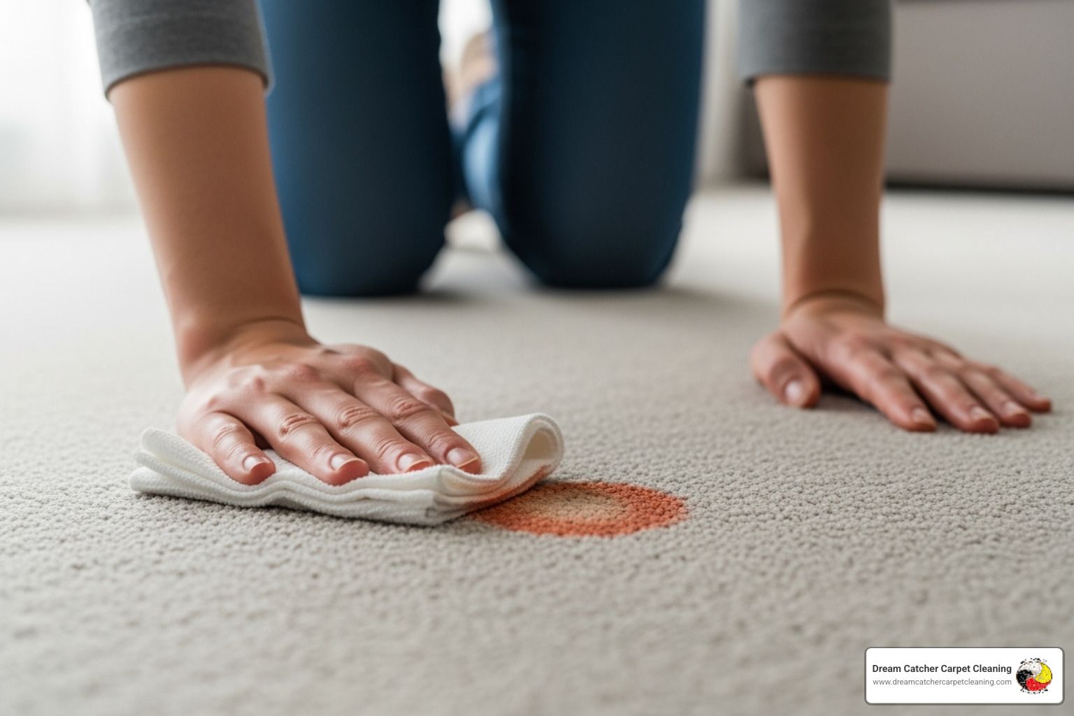 a person blotting a small stain on a carpet with a white cloth - natural carpet spot cleaner