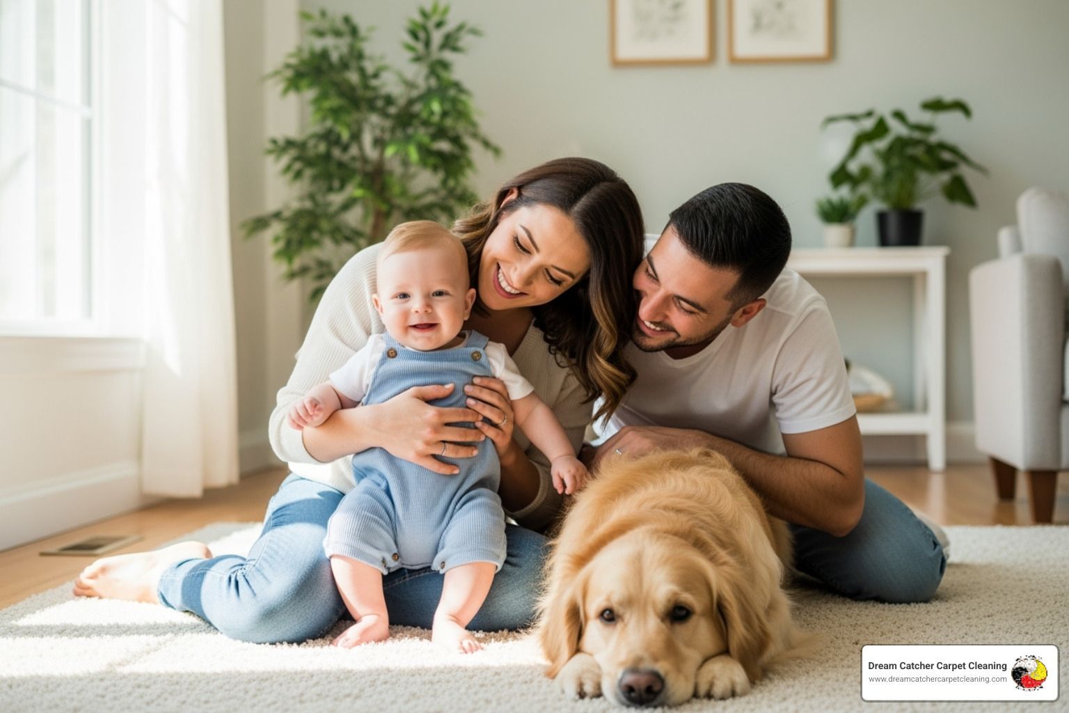 family with a baby and a pet on a freshly cleaned carpet - carpet cleaning colorado