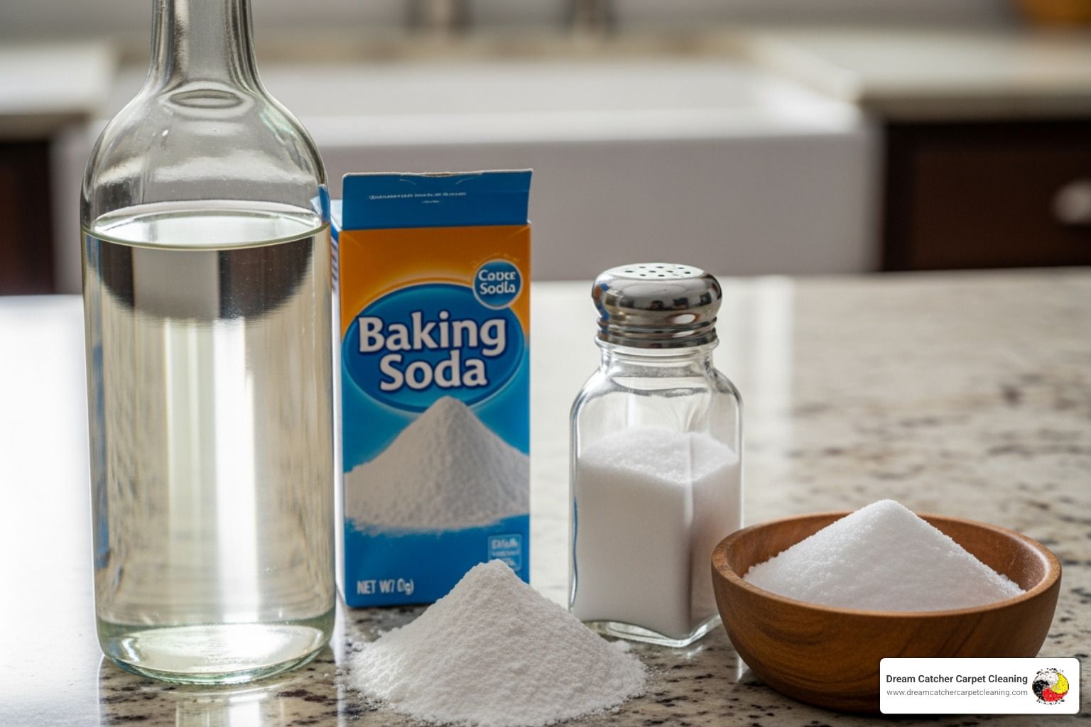 common household ingredients like vinegar, baking soda, and salt arranged on a countertop - natural carpet spot cleaner