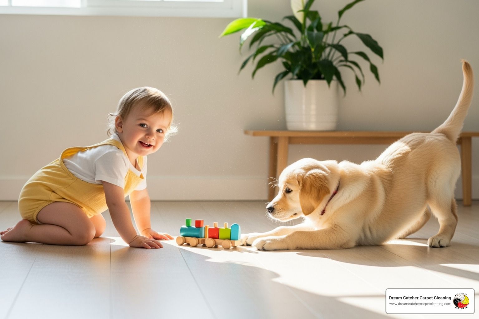 A child and a dog playing happily on a sparkling clean floor, emphasizing a safe, chemical-free home environment - eco friendly steam cleaner