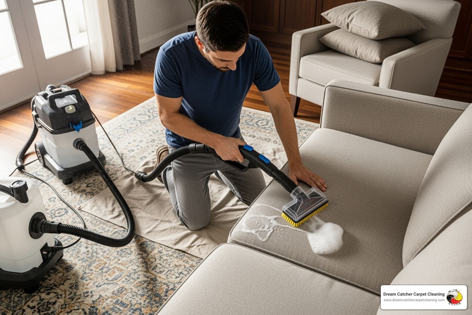 person using an upholstery attachment on a sofa - carpet cleaning rental thornton