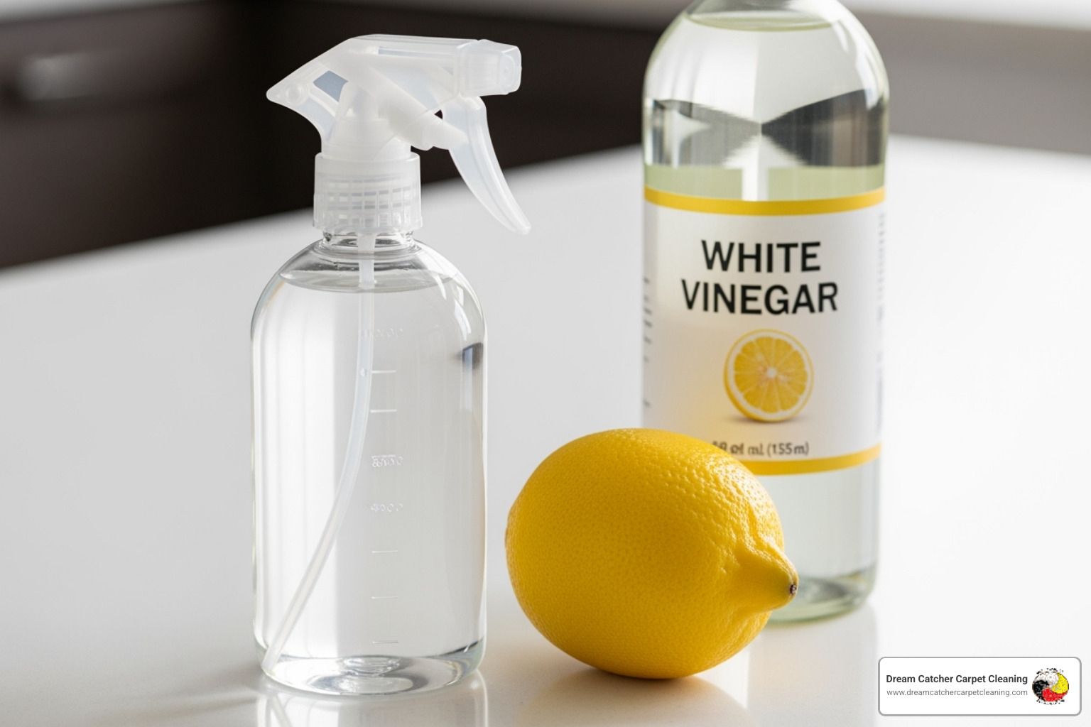 a spray bottle containing a clear liquid next to a lemon and a bottle of vinegar - naturally deodorize carpet