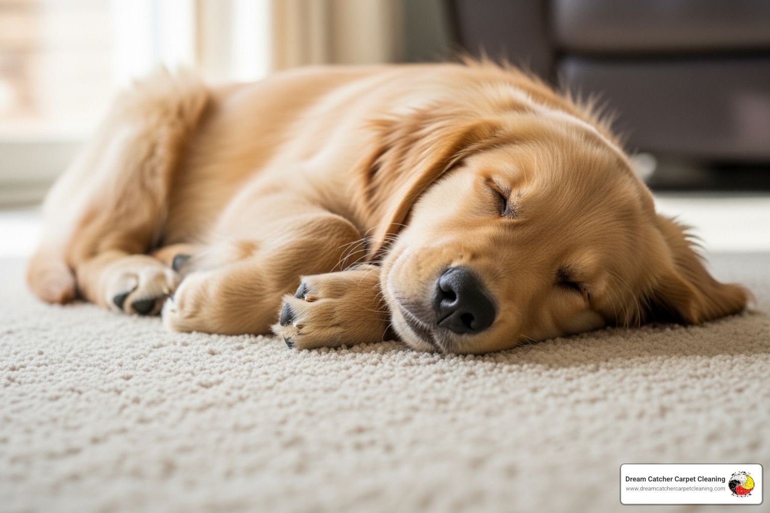 a happy dog sleeping on a clean, fresh-looking carpet - naturally deodorize carpet