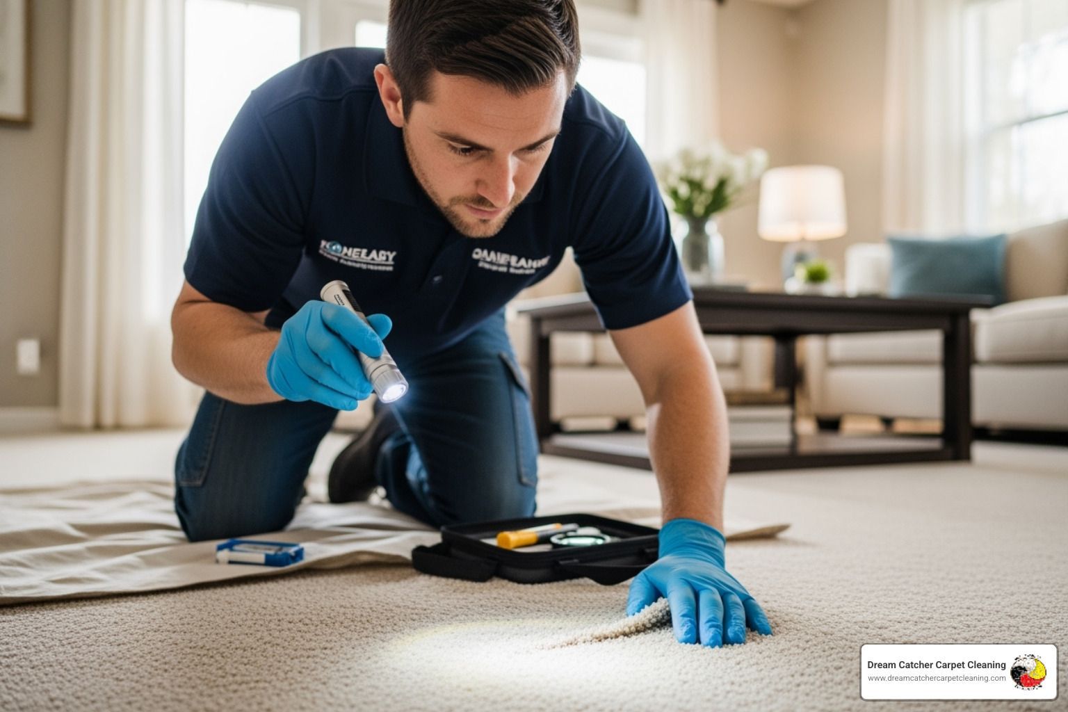 certified technician inspecting a carpet - deep clean carpet price