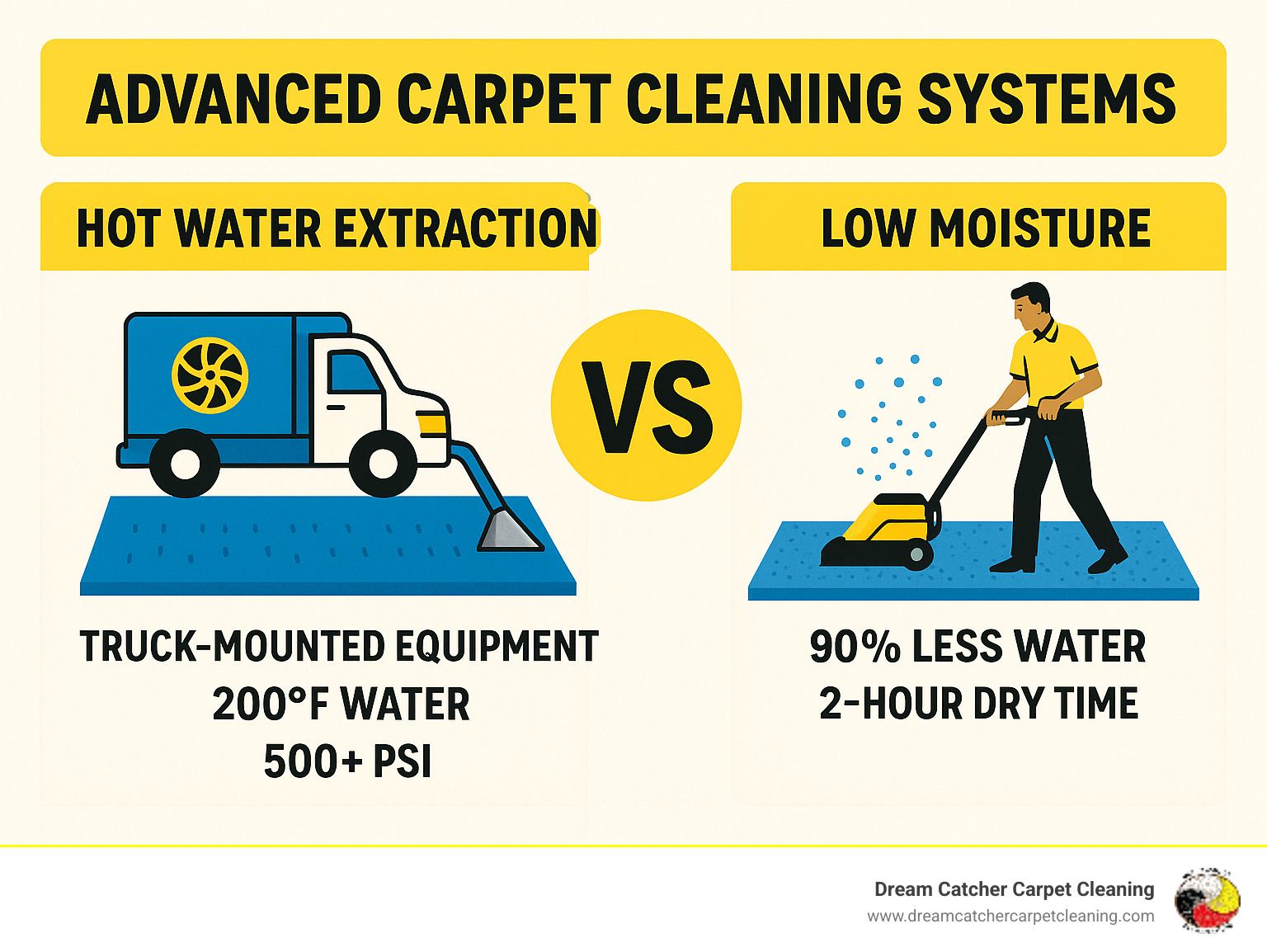 Comparison of hot water extraction and low moisture carpet cleaning methods.