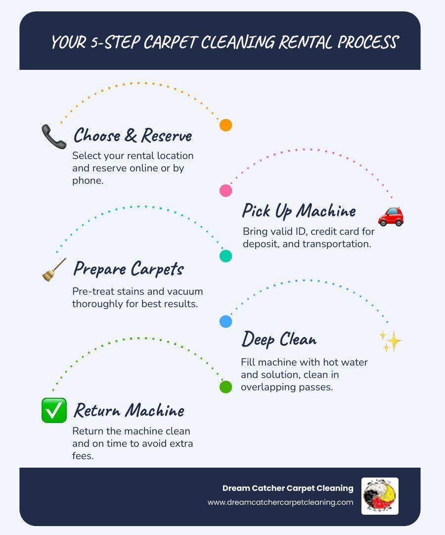 Infographic: 5-step carpet cleaning rental process, featuring instructions and colorful dots linking steps.