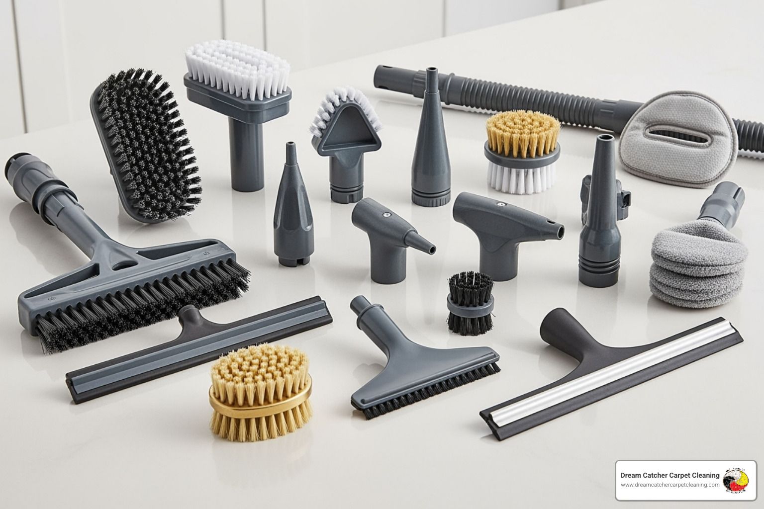 A collection of various steam cleaner attachments including brushes, nozzles, and squeegees for different cleaning tasks - eco friendly steam cleaner
