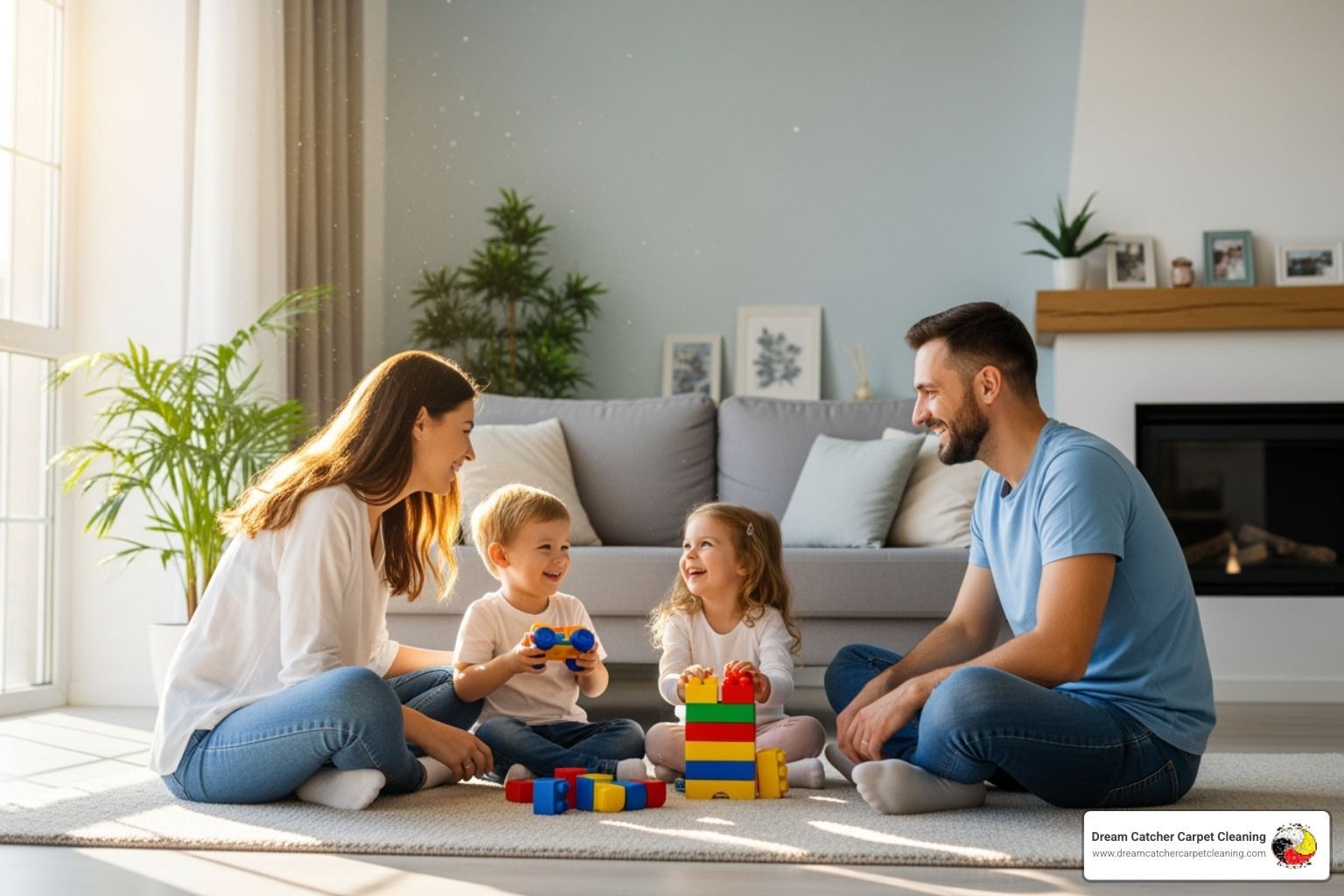 happy family playing on a clean carpet - carpet cleaning rental thornton