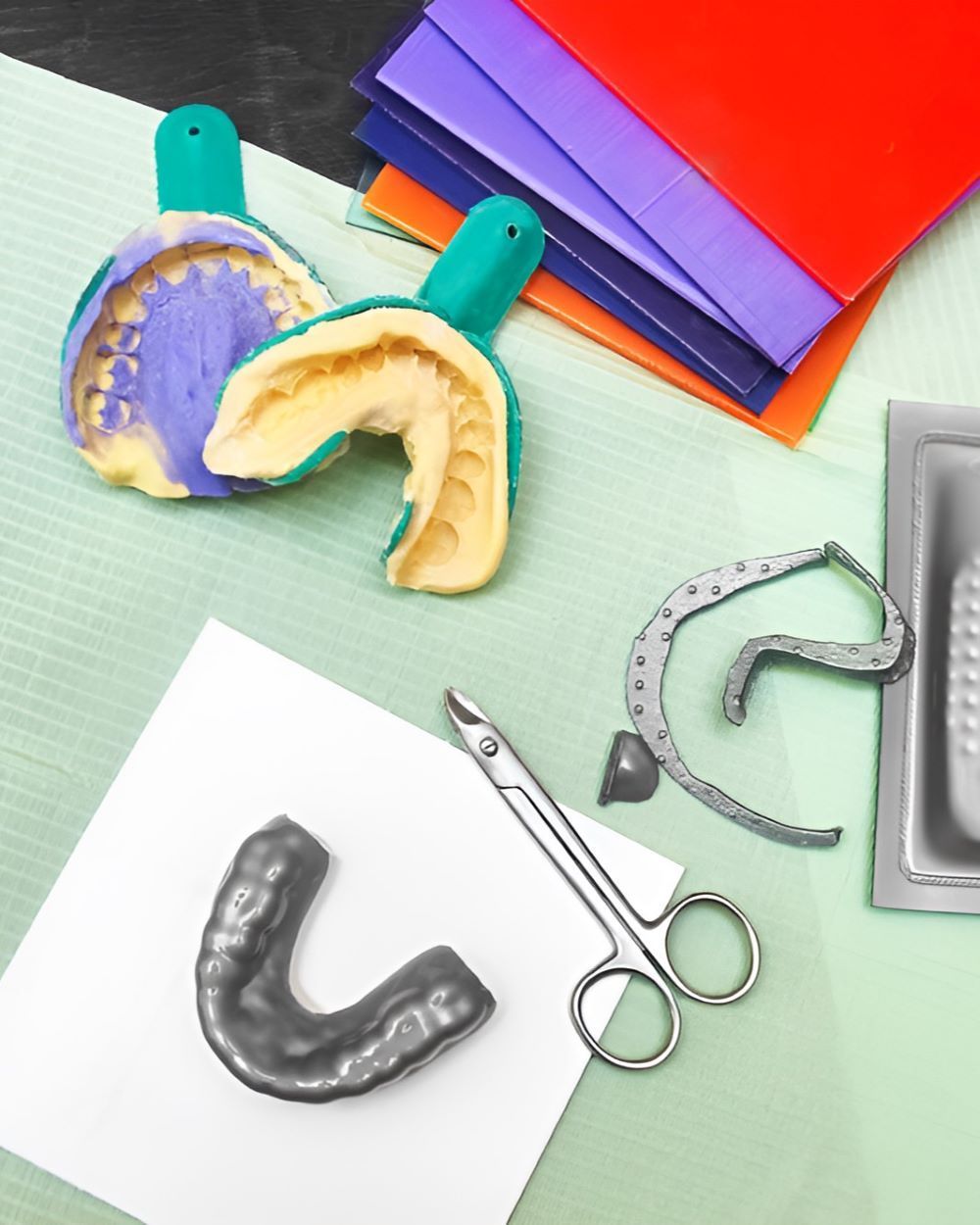 A Pair of Mouth Guards Sit on a Table Next to a Pair of Scissors — Yeppoon Denture Clinic in Taranganba, QLD