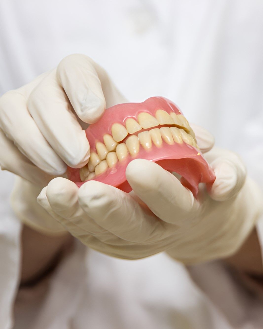 A Person Wearing Gloves is Holding a Model of Teeth — Yeppoon Denture Clinic in Taranganba, QLD