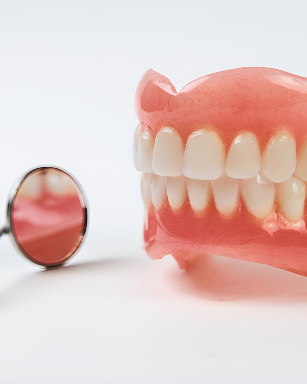 A Close Up of a Denture and a Mirror on a White Surface — Yeppoon Denture Clinic in Taranganba, QLD