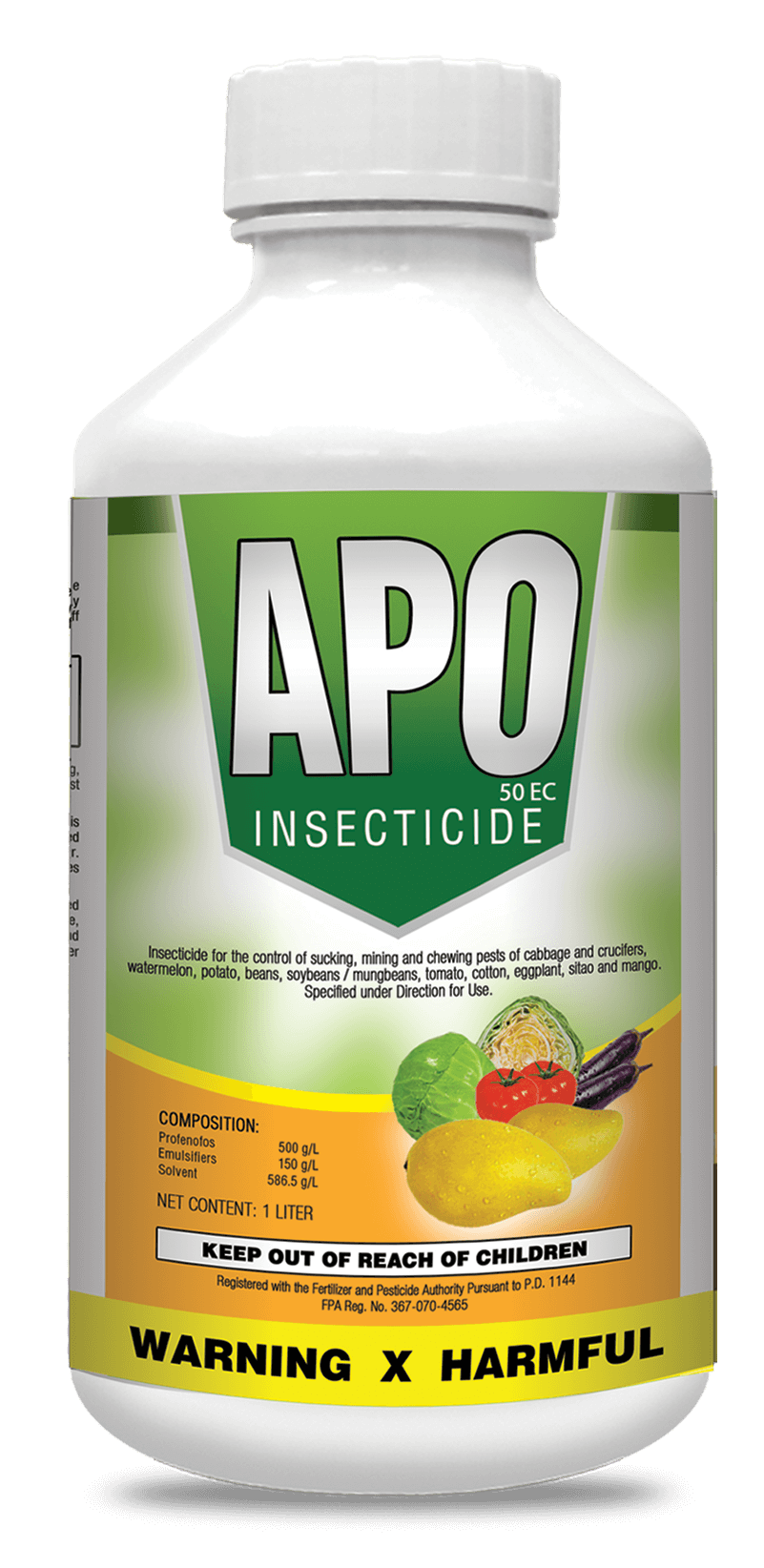 Bottle of APO insecticide; white bottle with green and yellow label, warning text, and fruit illustrations.