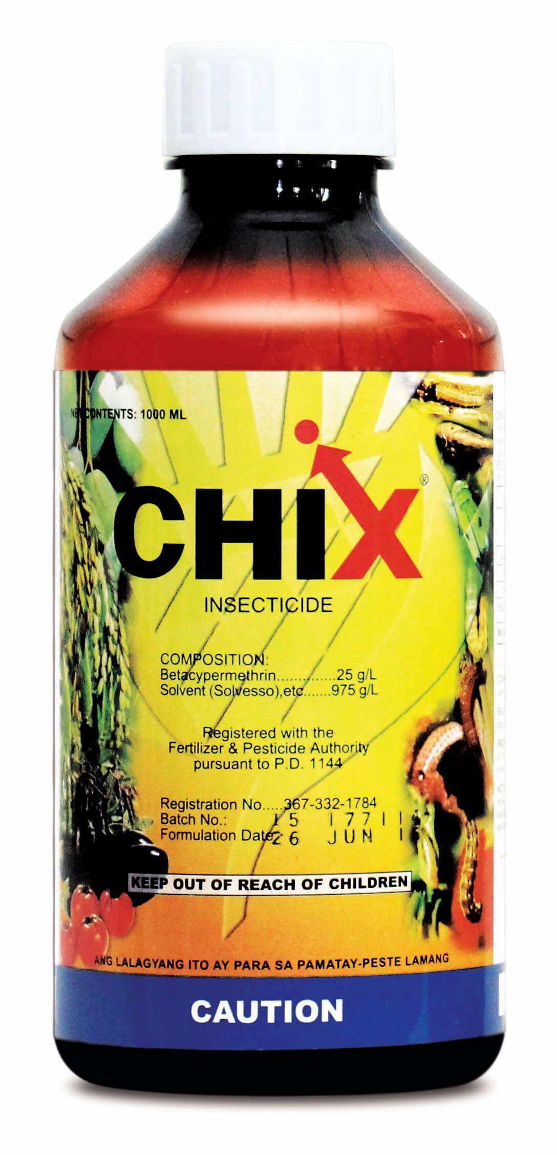 Bottle of CHIx insecticide with a red top and yellow label. 