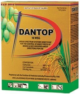 Box of Dantop 16 WSG insecticide. Contains mangoes and rice graphic.
