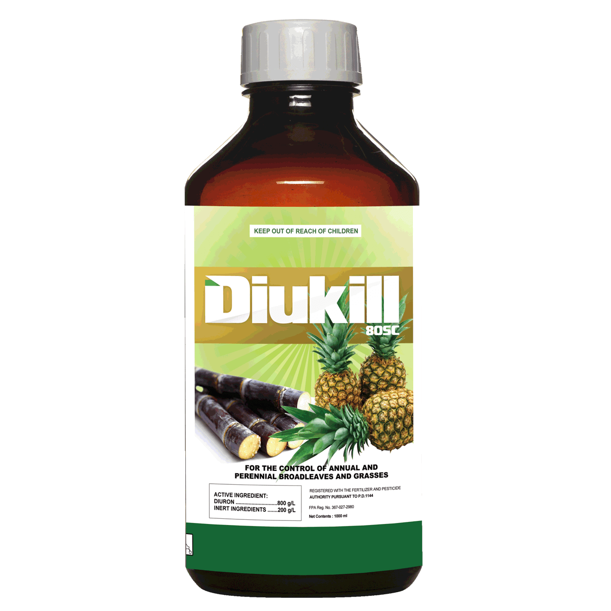 Bottle of Diukill herbicide with sugarcane and pineapple illustrations.