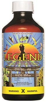 Bottle of Legend herbicide with a samurai on the label, and the text 
