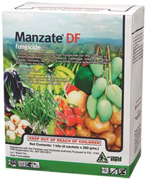 Box of Manzate DF fungicide, featuring various fruits and vegetables; warning: Keep out of reach of children.