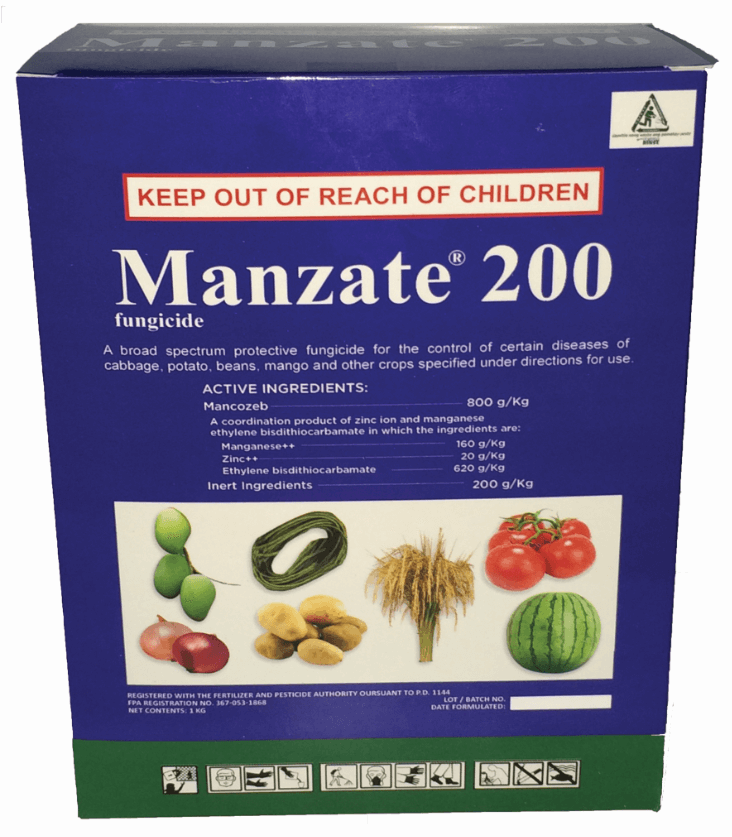 Box of Manzate 200 fungicide. Blue box with text, warning, and illustrations of produce. 